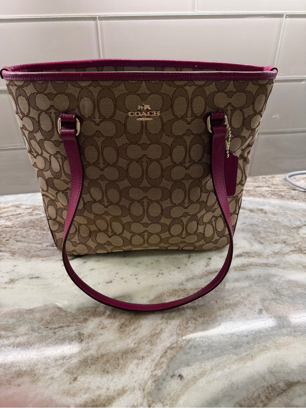 Coach Khaki Signature Canvas Tote with Berry Trim